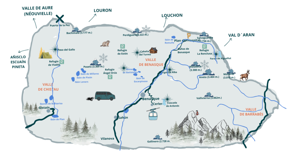 Un mapa con los imprescindibles del Parque Natural de Posets-Maladeta (Pirineo Aragonés)