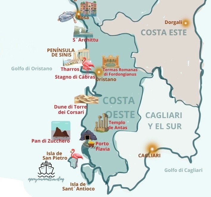 Un mapa muy “open your mind traveling” de la costa oeste de Cerdeña