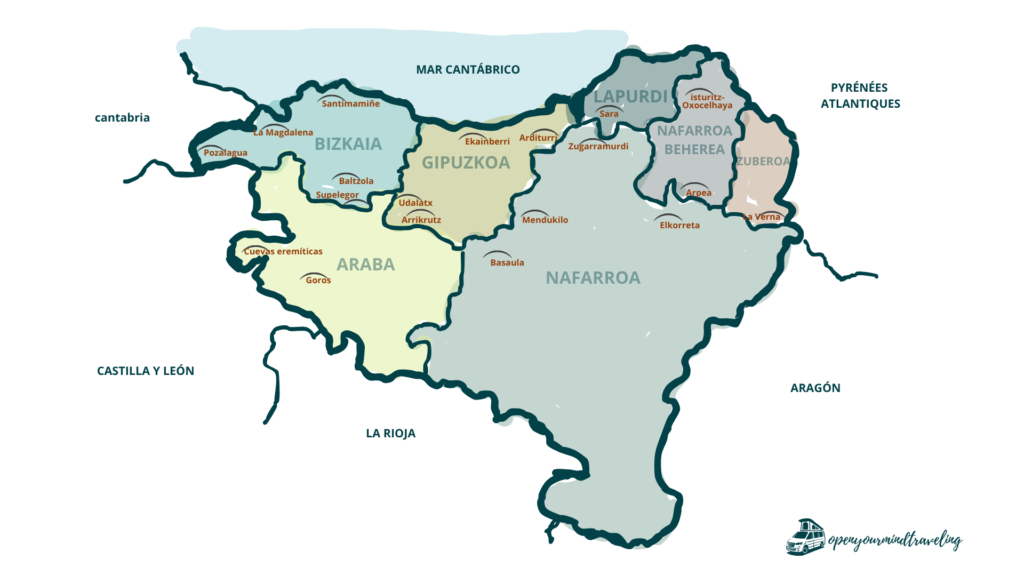 Un mapa muy "open your mind traveling" con las cuevas de Euskal Herria