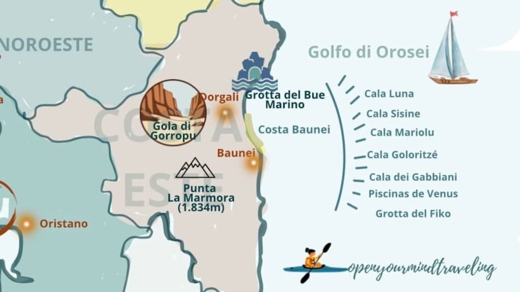 Un mapa muy "open your mind traveling" de la costa este de Cerdeña