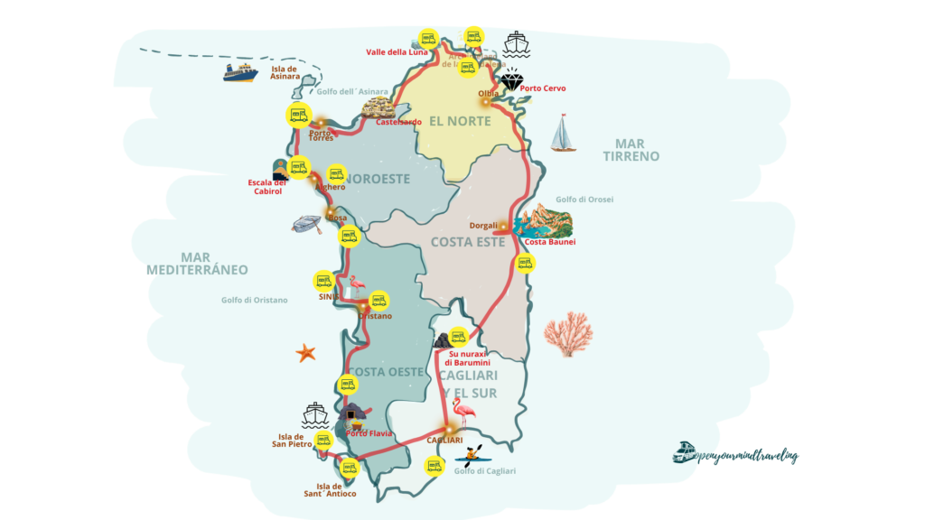 Un mapa muy "open your mind traveling" de las áreas de pernocta en Cerdeña