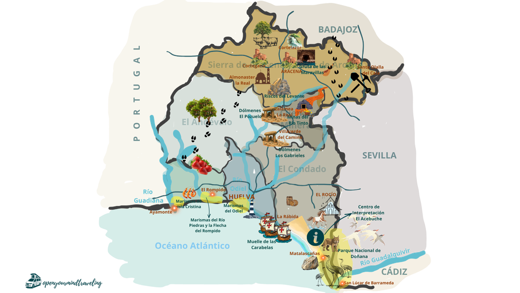 Un mapa muy "open your mind traveling" de la provincia de Huelva