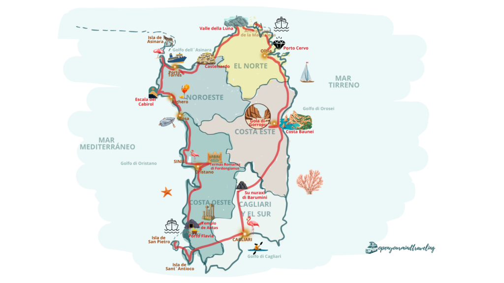 Un mapa muy “open your mind traveling” con la ruta de dos semanas en camper por Cerdeña